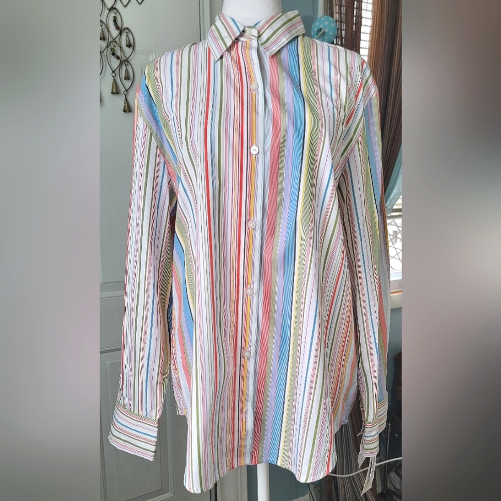 Jones Ware Sport Button Down Womens's XL White w/ Multicolor Stripes 100% Cotton